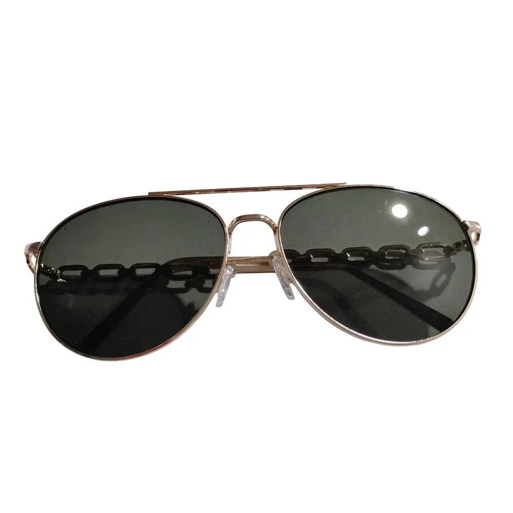 Gold Chain‎ Detail Oval Sunglasses Dark Lenses Aviator Style